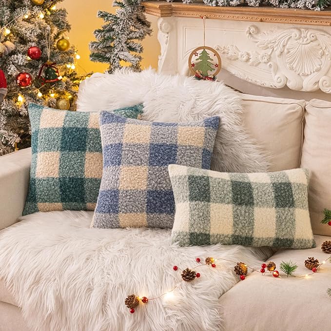AQOTHES Blue White Plaid Winter Throw Pillow Covers 18x18 Inch Set of 2, Boucle Faux Fur Pillow Covers,Cozy Fluffy Home Living Room Farmhouse Decor for Sofa Couch Bed