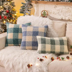 AQOTHES Green White Plaid Winter Throw Pillow Covers 12x20 Inch Set of 2, Boucle Faux Fur Pillow Covers,Cozy Fluffy Home Living Room Farmhouse Decor for Sofa Couch Bed