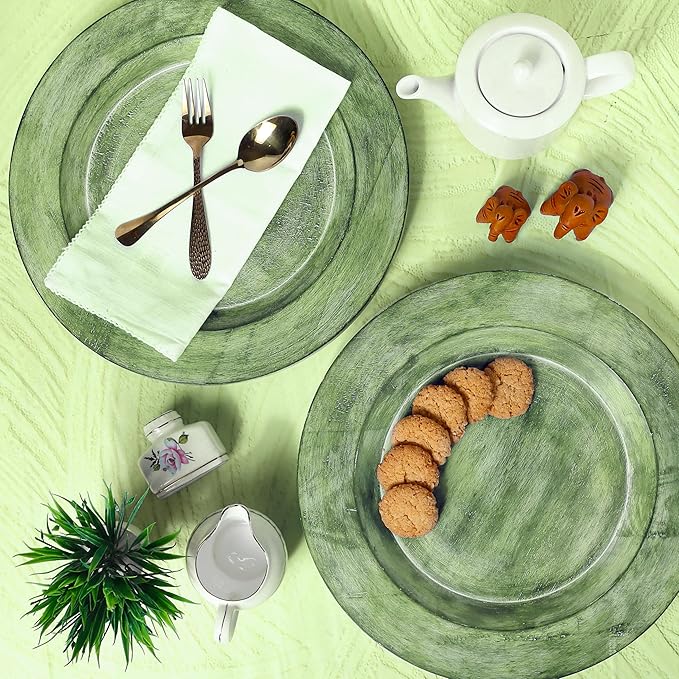 CLEENTABLE Assorted Set of 2 Wooden Charger Plates - 13" Round Farmhouse Wood Plates - Decorative Dinner Plates for Table Setting, Serving Tray, Appetizers, or Home Décor (Blue Green)
