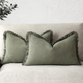 Foindtower Set of 2 Decorative Linen Fringe Lumbar Throw Pillow Covers Boho Farmhouse Cushion Cover with Tassels Soft Accent Pillowcase for Couch Sofa Bed Living Room Home Decor,12×20 Inch,Olive Green