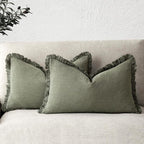 Foindtower Set of 2 Decorative Linen Fringe Lumbar Throw Pillow Covers Boho Farmhouse Cushion Cover with Tassels Soft Accent Pillowcase for Couch Sofa Bed Living Room Home Decor,12×20 Inch,Olive Green