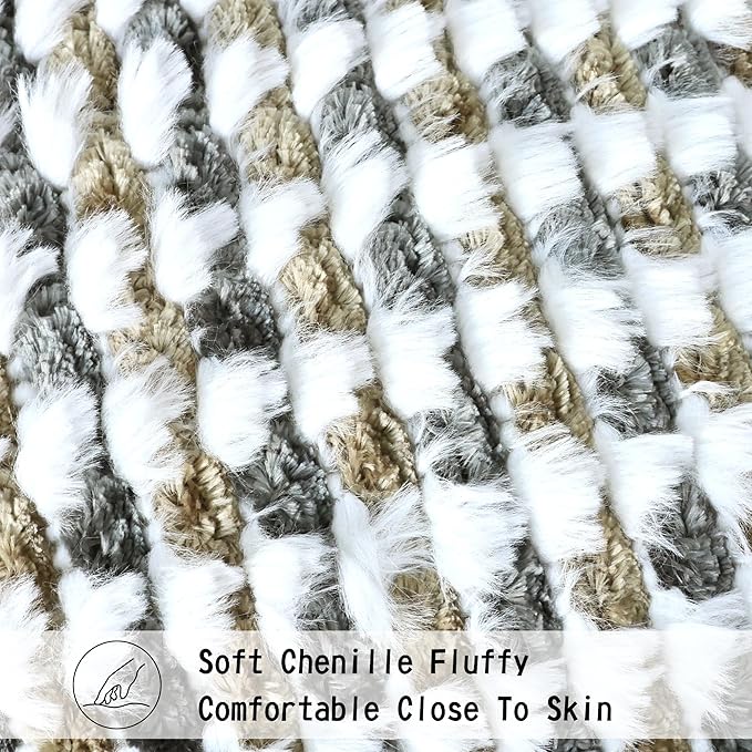 Boho Chenille Tufted Pillow Cover 12x20 Inch Set of 1, Farmhouse Striped Decorative Pillow Covers Accent Fluffy Neutral Lumbar Pillowcases for Couch Sofa Bedroom Living Room, Brown Gray