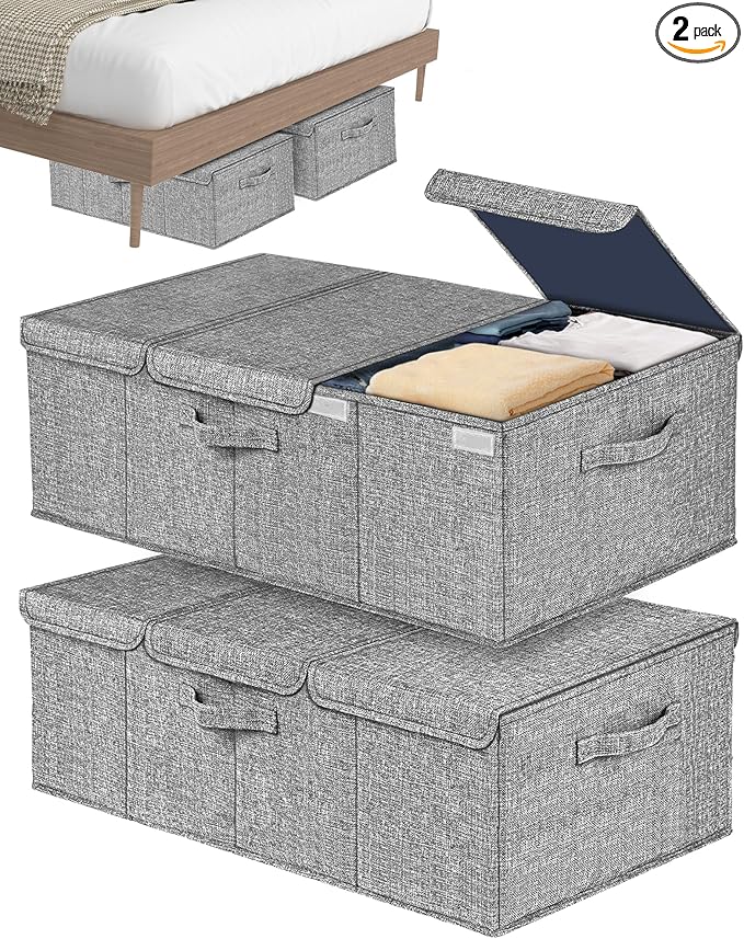 Deep Under Bed Storage Container, 10" Tall Height Underbed Box Bin with Lids 31" Long Large Basket for Under Bed, Bedroom, Dorms, Clothes, Bed sheets, Blankets, 2 Pack, Grey