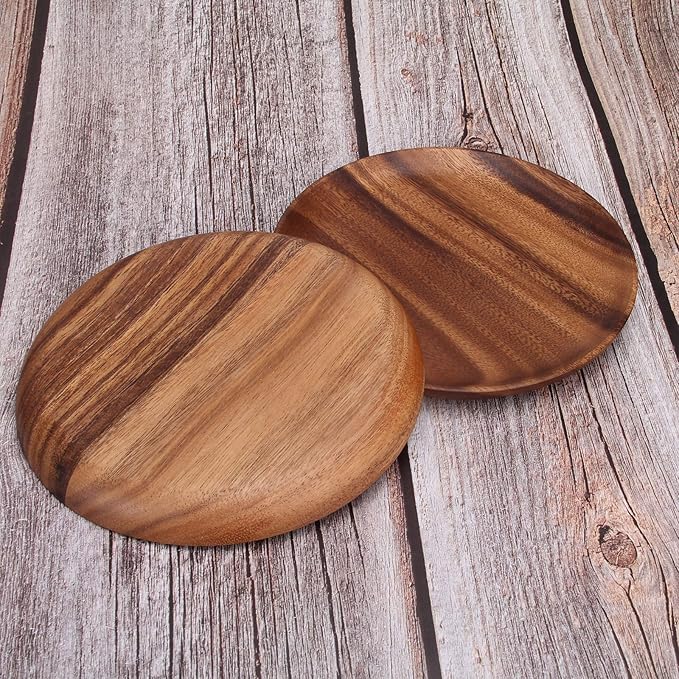 Ayiaren 12 Inch Best Acacia Wooden Dinner Plates Set of 2, Round Wood Serving Tray Wooden Plates for Eating Salad Fruit Food Dishe Platter Charcuterie Boards Charger Plate Cheese Serving Board