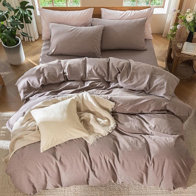 MooMee Bedding Duvet Cover Set 100% Washed Cotton Linen Like Textured Breathable Durable Soft Comfy (Heathered Mauve Brown, Super King 108"x98")