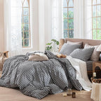 MooMee Gingham Duvet Cover Set 100% Washed Cotton Linen Like Textured Breathable Durable Soft Comfy Modern Checkered Design (Black White Gingham, Super King 108"x98")