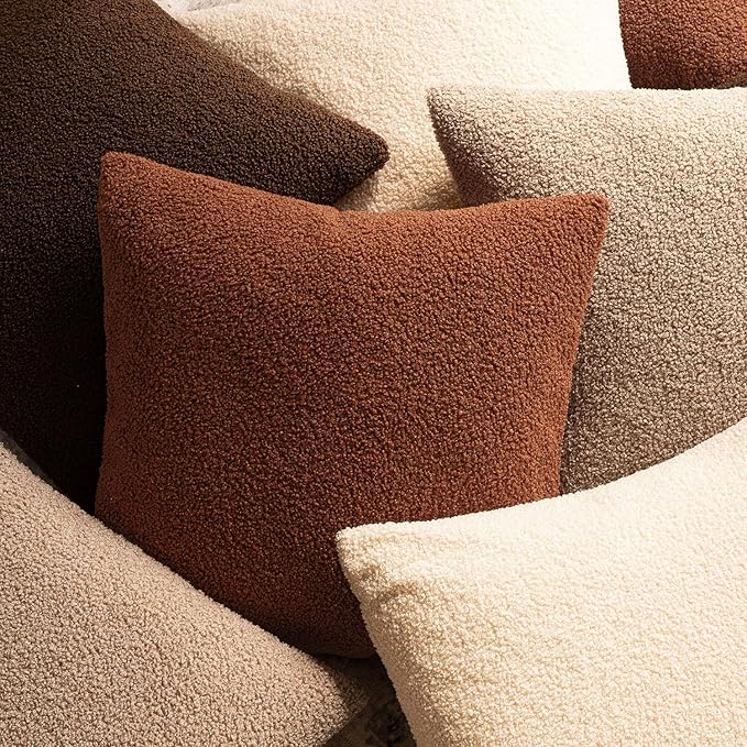 Foindtower Pack of 2, Curly Faux Fur Decorative Throw Pillow Covers Soft Fuzzy Plush Cushion Case with Zipper Cozy Pillowcase for Home Living Room Couch Bed Sofa 18 x 18 Inch,Hazel Brown