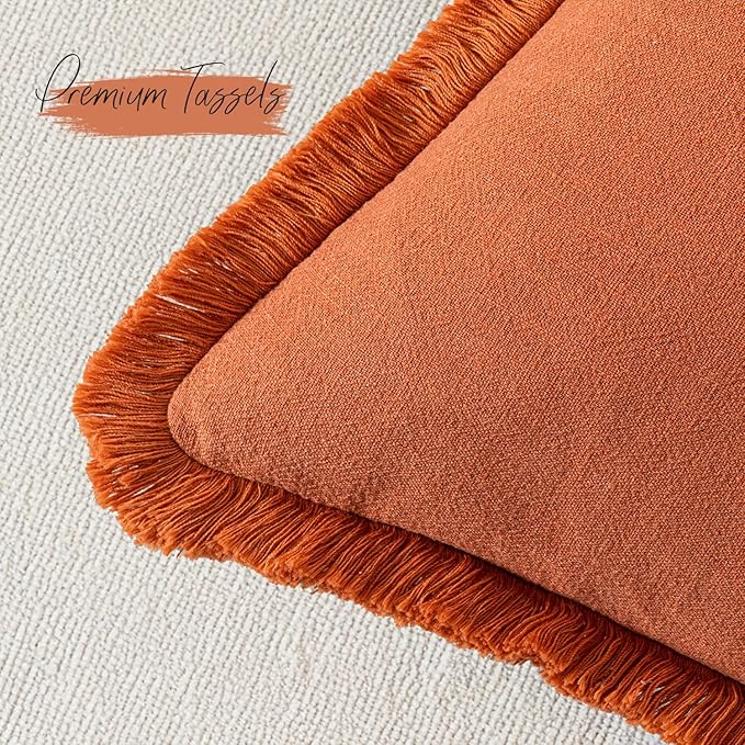 Woaboy Decorative Linen Fringe Throw Pillow Covers Boho Farmhouse Soft Cushion Covers Accent Pillowcases with Tassels for Living Room Couch Sofa Bed Chair,20x20 Inch Set of 2,Rust