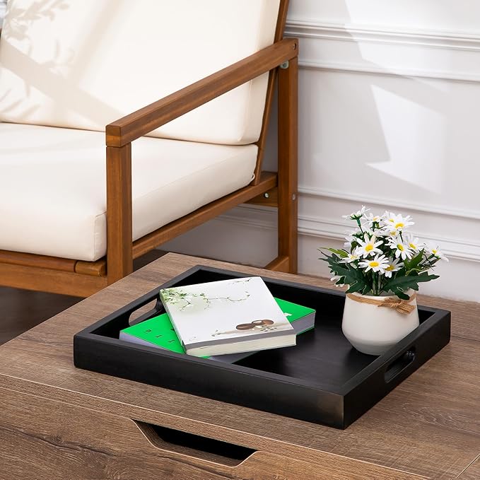 Black Acacia Wooden Rectangular Serving Tray with Handles, Set of 2 (15"x11"), Large Tray for Ottoman, Breakfast in Bed, Dinner, Coffee Table Decor & Kitchen
