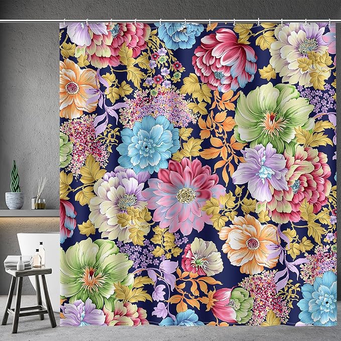 Aimego Long Floral Shower Curtain - Boho Spring Colorful Bright Blossom Bohemian Flowers Fabric Cloth Bath Shower Curtain Set with 12 Hooks Bathroom Decor Bathtub Curtain, 72"x78"