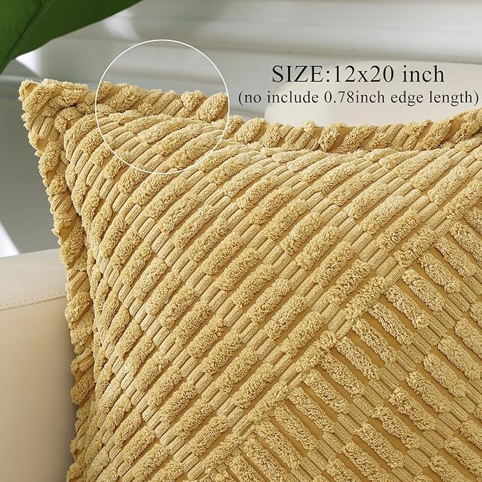 decorUhome Decorative Mustard Yellow Fall Throw Pillow Covers 12x20 Set of 2 with Splicing, Boho Lumbar Soft Neutral Corduroy Broadside Twill Pillow Covers for Couch Bed Sofa Living Room
