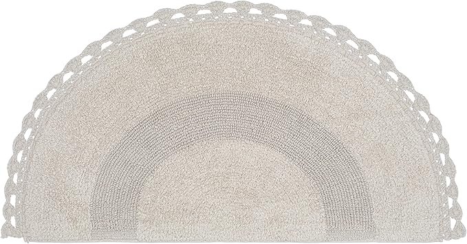 Savi Home Half Circle Bohemian Bathroom Rug with Handwoven Chrochet Border, Beautifully Handcrafted 100% Cotton Mat - 22x42, Round Boho Bedroom Rug, Boho Bathroom Décor, Machine Washable - Linen