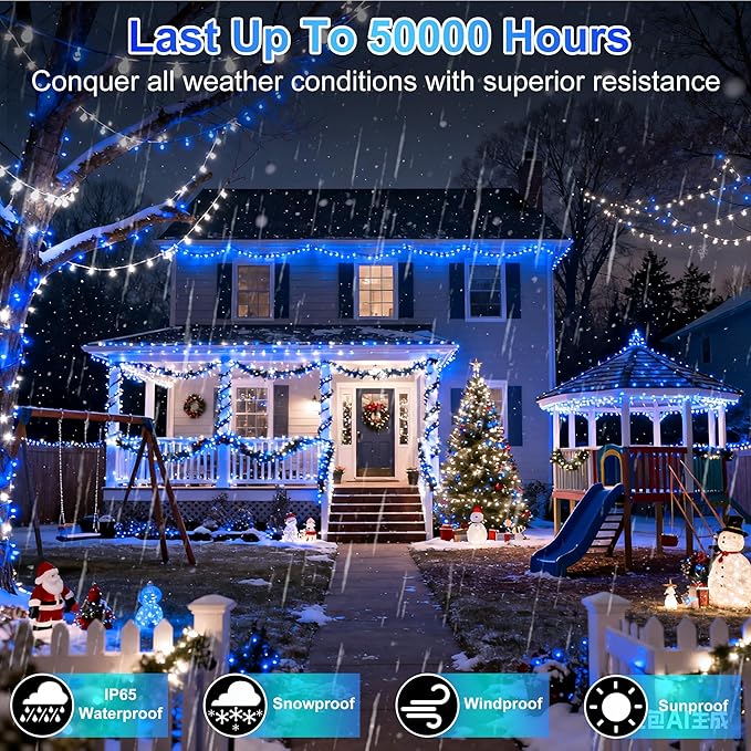 340 LED 90FT Christmas String Lights Outdoor, 12 Pro Modes and Timer Memory & Brightness, Plug in Outdoor Waterproof Clear Wire Twinkle Light for for Xmas Yard Tree Wedding Party Decor (Blue & White)