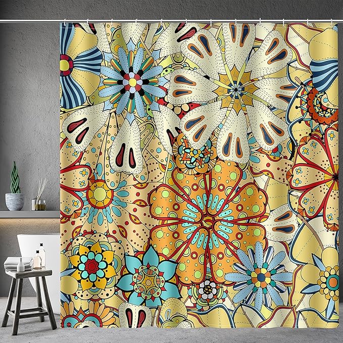 Aimego Boho Floral Shower Curtains - Bohemian Mandala Gypsy Colorful Flowers Bath Shower Curtain Set with 12 Hooks for Adults Bathroom Decor Accessories, 72"x72"