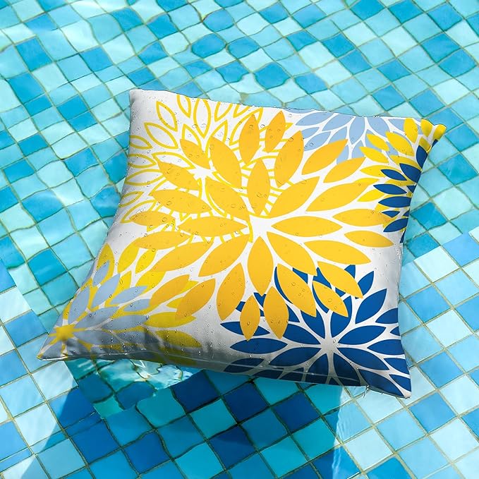 DFXSZ Yellow Blue Flower Pillow Covers 18x18 Inch Set of 2 White Gray Colored Throw Pillows Outdoor Waterproof Decor for Living Room Sofa Patio Funiture Garden Floral Polyester Pillow Covers 002J18