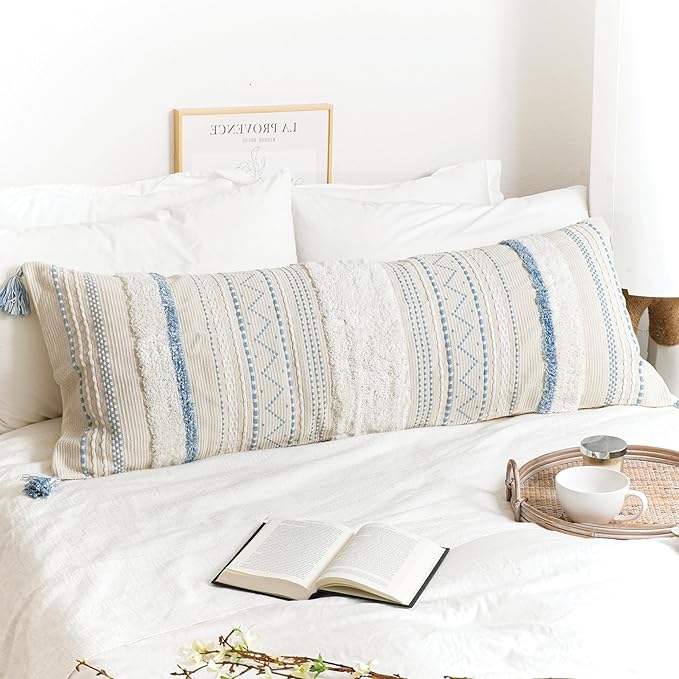 BlissBlush Large Body Pillow Cover for Bed 20x54 Coastal Blue Boho Accent Oversized Long Pillowcase for Bedroom Decorative Cushion Farmhouse Home Décor (Cover ONLY, Pack of 1)