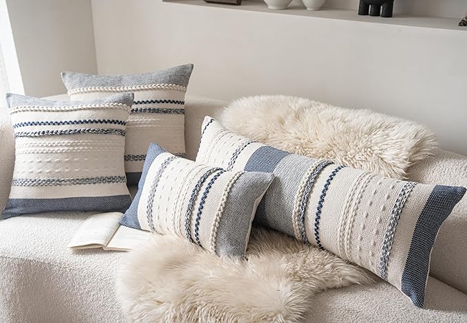 Boho Lumbar Pillow Covers 14x36 Inch Long, Navy Blue Textured Decorative Couch Pillow Cases for Farmhouse Home Decor, Accent Cushion Cover for Sofa, Bed, Living Room, Bedroom, Pack of 1