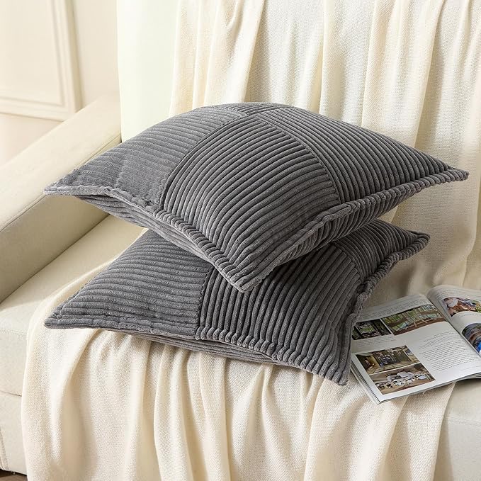 HAUSSY Dark Grey Throw Pillow Covers 22x22 Inch Set of 2, Soft Corduroy Solid Striped,Square Decorative Cushion Case,Winter Home Decorations for Couch,Bed