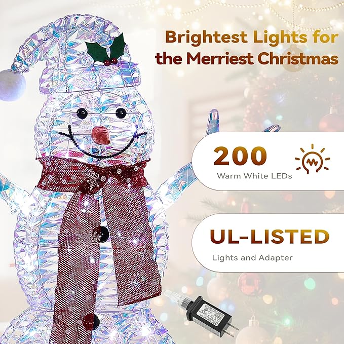 Large Christmas Snowman Family Decorations, 43Inch 3D Pre-Lit Iridescent Snowman with 200 LED Lights & Zip Ties, Indoor Outdoor Holiday Decor for Yard,Porch,Home-Iridescent