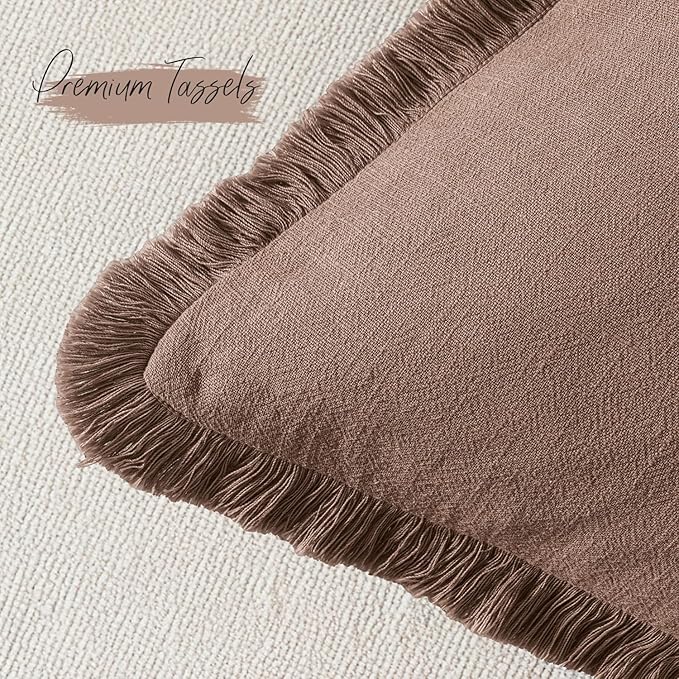 Woaboy Decorative Linen Fringe Throw Pillow Covers Boho Farmhouse Soft Lumbar Cushion Covers Accent Pillowcases with Tassels for Living Room Couch Sofa Bed Chair, 12x20 Inch Set of 2,Dark Coffee