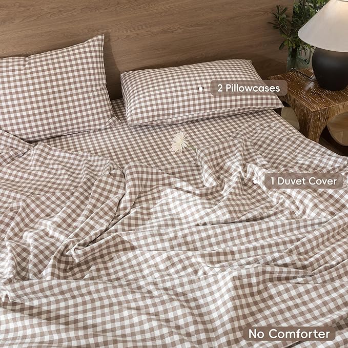 MooMee Gingham Duvet Cover Set 100% Washed Cotton Linen Like Textured Breathable Durable Soft Comfy Modern Checkered Design (Brown Gingham, Super King 108"x98")