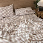 MooMee Gingham Duvet Cover Set 100% Washed Cotton Linen Like Textured Breathable Durable Soft Comfy Modern Checkered Design (Brown Gingham, Super King 108"x98")