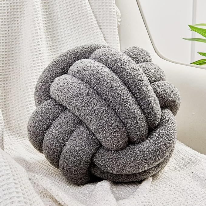 Uvvyui Knot Pillow Ball, Soft Home Decorative Pillows, Round Throw Pillow, Handmade Knotted Plush Pillow, Round Boucle Pillow Cushion (11.8 Inches Dark Gray)