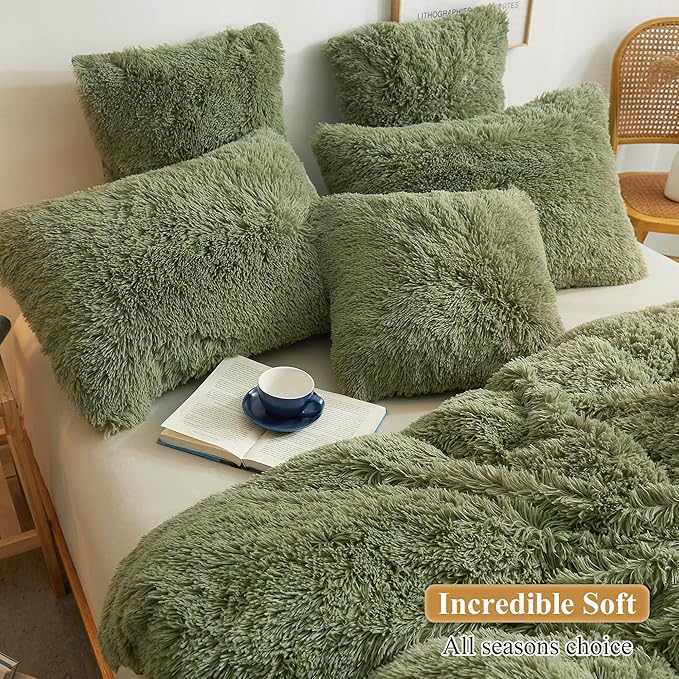 XeGe Faux Fur Throw Pillow Covers, Luxury Fluffy Plush Pillow Shams, Shaggy Decorative Pillow Cushion Cover for Sofa Bed Couch with Zipper Closure, Pack of 2 (18''x18'', Sage Green)