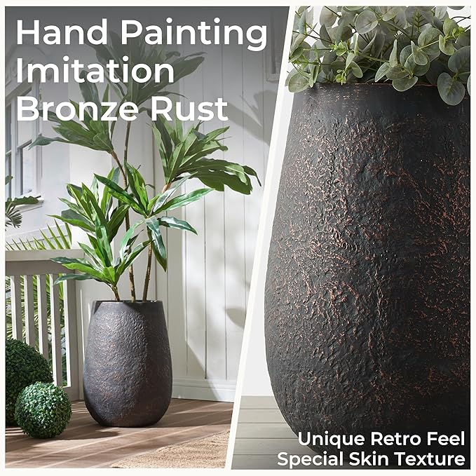 20" H Weathered Concrete Tall Planter, Black Large Outdoor Indoor Decorative Flower Pot with Drainage Hole, Modern Round Style for Home, Garden, Patio, Courtyard, Bronze Rust with Green Tone
