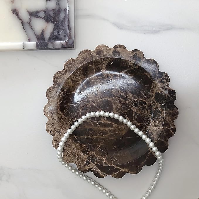 Marble Tray Round Scalloped Tray Small Serving Platter for Counter, Bathroom, Kitchen, Nightstand, Jewelry Ring Dish Holder (Coffee Net)