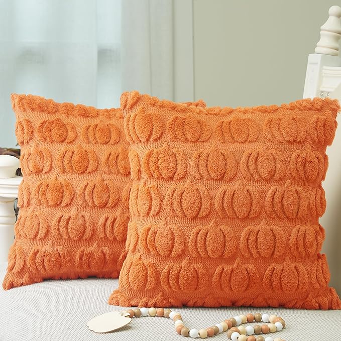 GEEORY Fall Pillow Covers 18 x 18 Inch Set of 2, Fall Decorations Pumpkins Soft Plush Fluffy Faux Fur Wool Decorative Autumn Farmhouse Cushion Case for Sofa Orange GC018-18