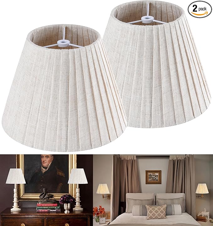 GO&SO 5"x9"x6.4" (Spider) Small Beige Oatmeal Linen Lampshades for Table Lamps, Wall Lamps-Bedside, with Pleated Modern Rustic Bell Lamp Shades Bedroom, Living Room- Natural Fabric (2 Pack)