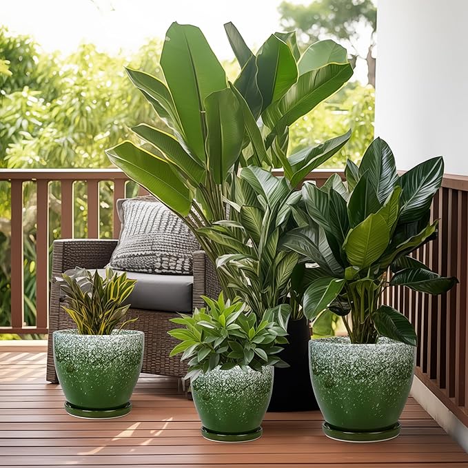 Ceraimc Plant Pot - 6 Inch Planter with Drainage and Plant Tray, Round Succulent Planters, Decorative Flower Pot for Indoor, Room Office Patio House Decor, Gifts for Women Men, Green