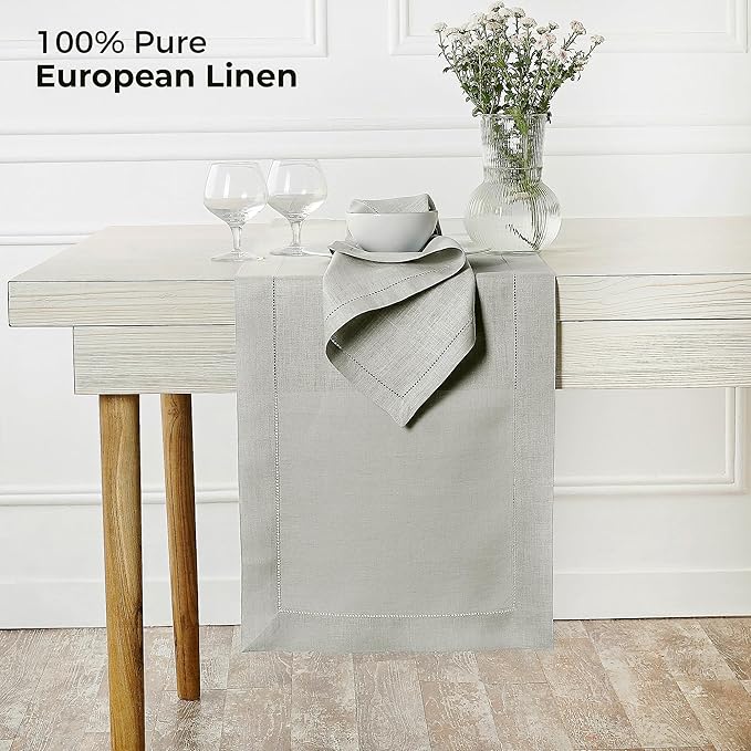 D'Moksha Homes Linen Silver Grey Table Runner 90 Inches Long - Classic Hemstitch 100% Pure Linen Dining Table Runner 14 x 90 Inch for Fall, Autumn and Halloween