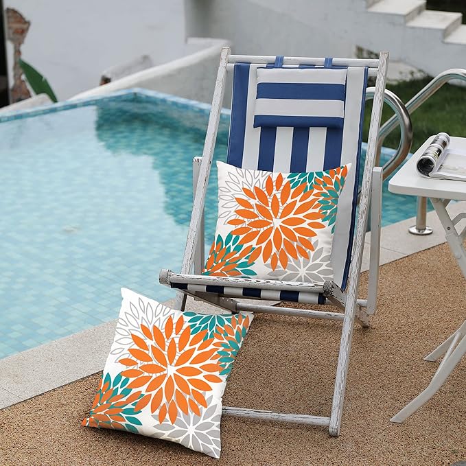 DFXSZ Orange Flower Pillow Covers 16x16 Inch Set of 2 Fall Throw Pillows Outdoor Waterproof Decor for Living Room Sofa Patio Funiture Garden Floral Polyester Pillow Cover 002N16