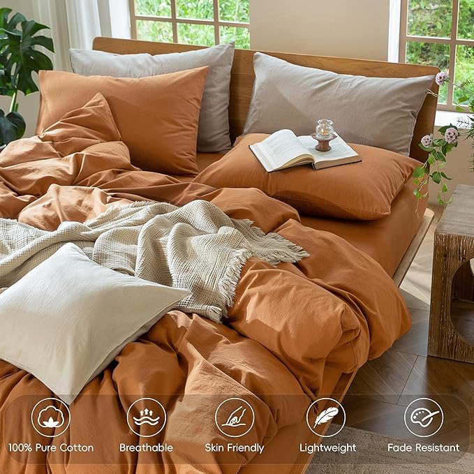 MooMee Bedding Duvet Cover Set 100% Washed Cotton Linen Like Textured Breathable Durable Soft Comfy (Solid Burnt Orange, Oversized Queen 98"x98")