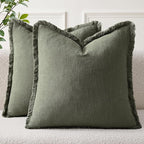 EMEMA Linen Fringe Throw Pillow Covers Set of 2 Boho Farmhouse Accent Decorative Pillowcase with Tassels for Couch Sofa Bed Living Room Home Decor 22x22 Inch,Light Olive Green