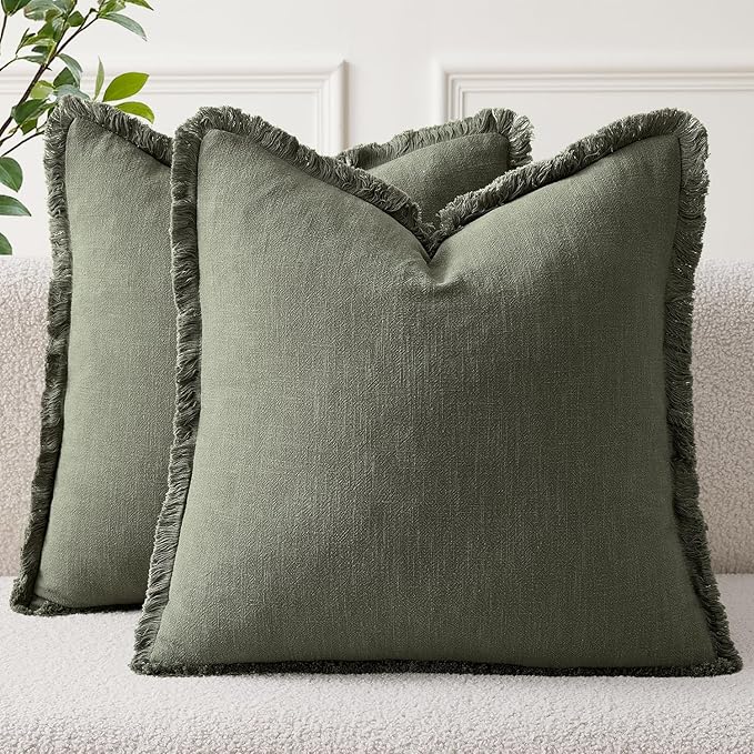 EMEMA Linen Fringe Throw Pillow Covers Set of 2 Boho Farmhouse Accent Decorative Pillowcase with Tassels for Couch Sofa Bed Living Room Home Decor 20x20 Inch,Light Olive Green