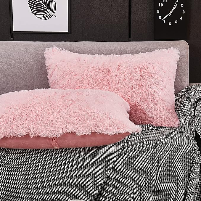 WERDIM Shaggy Faux Fur Pillowcases 2 Pack Button Closure Velvet Pillow Shams Queen Size (Pink, 20 X 26 Inches)