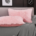 WERDIM Shaggy Faux Fur Pillowcases 2 Pack Button Closure Velvet Pillow Shams Queen Size (Pink, 20 X 26 Inches)