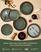Stoneware Dinner Plates Set of 6, Ceramic Plates With Lipped Edges, Microwave/Dishwasher Safe, Modern Rustic Dinnerware, Kitchen Reactive Glaze Serving Dishes, Brown Green