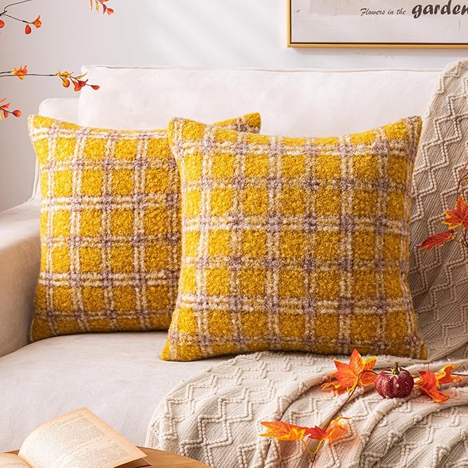 Yellow Plaid Fall Throw Pillow Covers 20x20 Inch Set of 2, Boucle Decorative Pillow Covers,Cozy Fluffy Home Living Room Farmhouse Decor for Sofa Couch Bed