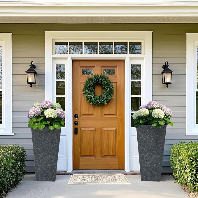 28" H Oversized Tall Planter Box for Outdoor Plants, Set of 2 Large V-Shaed Square Flower Pots, Modern Plant Container for Patio, Garden, Porch, Balcony or Indoor Home Decor, Back Terrazzo-Look