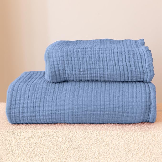 Ultra Soft Muslin Towel Adult Set, 100% Turkish Cotton 4-Layer 2 Pieces Luxury Muslin Hand & Bath Towels Sets for Bathroom (Indigo Blue, 1 Bath & 1 Hand Towel Set)