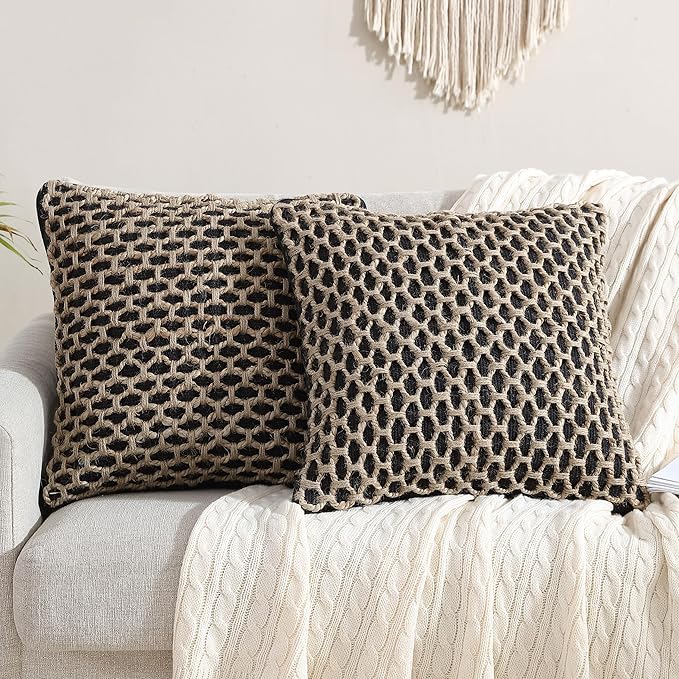 Boho Living Jada Premium Woven Design, Living Room Décor, Decorative Throw, (2) 18" x 18" Pillow Covers, Black 2 Count