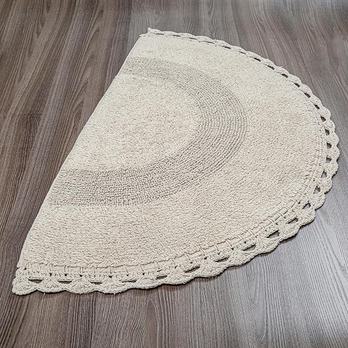 Savi Home Half Circle Bohemian Bathroom Rug with Handwoven Chrochet Border, Beautifully Handcrafted 100% Cotton Mat - 22x42, Round Boho Bedroom Rug, Boho Bathroom Décor, Machine Washable - Linen