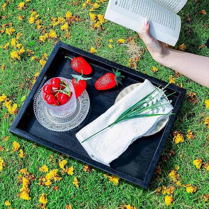 Black Acacia Wooden Rectangular Serving Tray with Handles, Set of 2 (15"x11"), Large Tray for Ottoman, Breakfast in Bed, Dinner, Coffee Table Decor & Kitchen