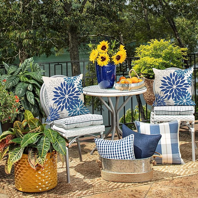 DFXSZ Blue Flower Pillow Covers 18x18 Inch Set of 2 Dark and Light Blue Colored Pillow Farmhouse Outdoor Waterproof Decor for Patio Funiture Garden Summer Floral Square Polyester Pillow Covers 002E18