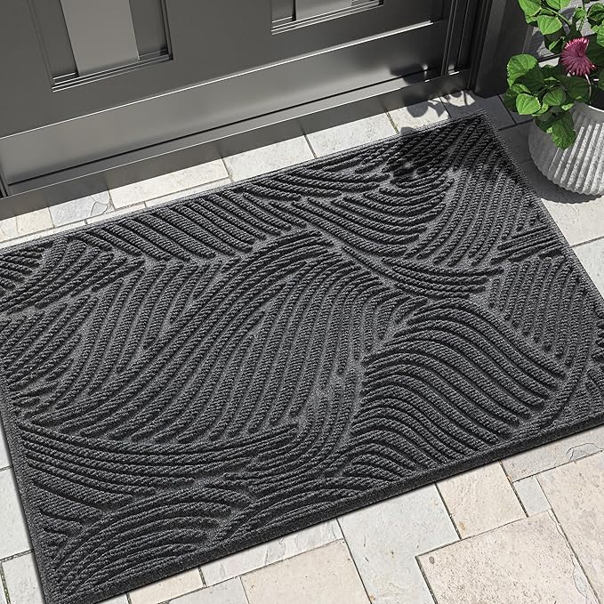 Yimobra Large Door Mat 36x24, All-Weather Waterproof Art Line Outdoor Mats for Front Door, Heavy Duty Non-Slip Welcome Matt for Garage Patio Proch Entryway Indoor, Dark Grey