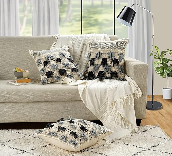 GRUHUM Throw Pillow Covers 18x18 Inch Set of 2 Boho Decorative Handwoven Tufted Cushion Case for Living Room Bedroom Sofa Couch Farmhouse Car Home Decor Cotton Comfy Square Modern 18"x18", Cream/Blue